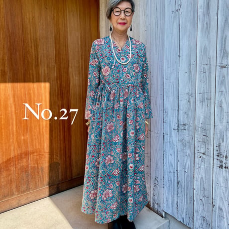 【No.27セミオーダー可】   憧れのカシュクールドレス✴︎気持ちいい極薄コットン★ブルーグリーン×赤花柄