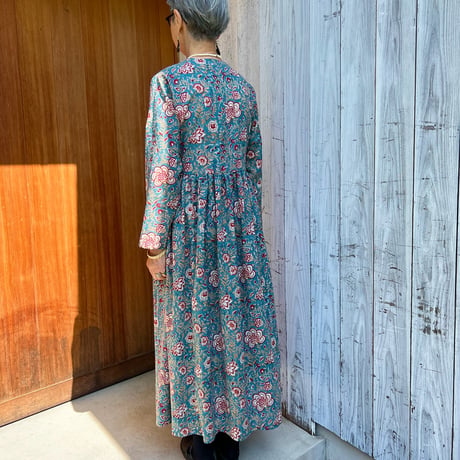 【No.27セミオーダー可】   憧れのカシュクールドレス✴︎気持ちいい極薄コットン★ブルーグリーン×赤花柄