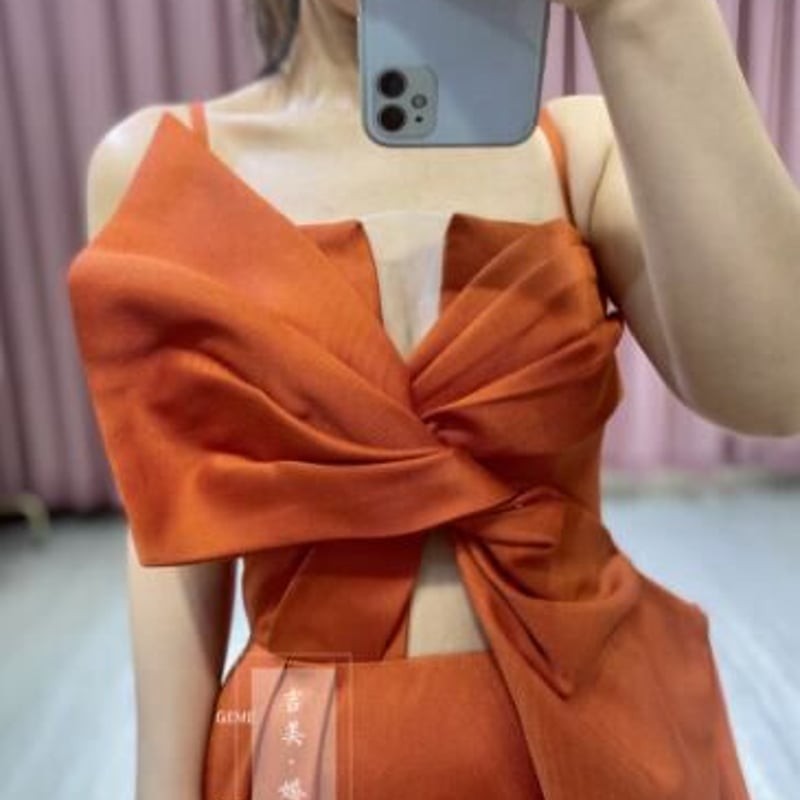 憧れのドレス オレンジ 床付くキャミソール 二次会 シアーな美しさ  