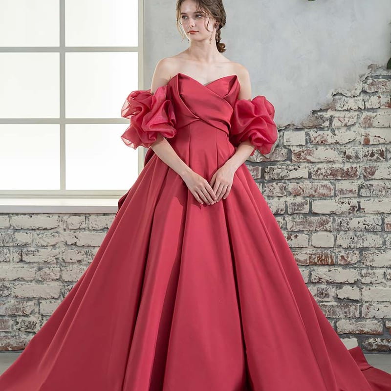 ウエディングドレス カラードレス ビビッドピンク パフスリーブ  