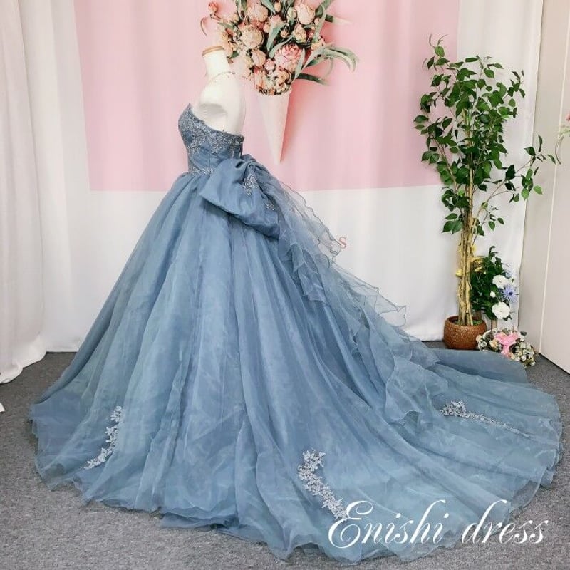 ウェディングドレス オーガンジー ブルーグレー カラードレス バック  