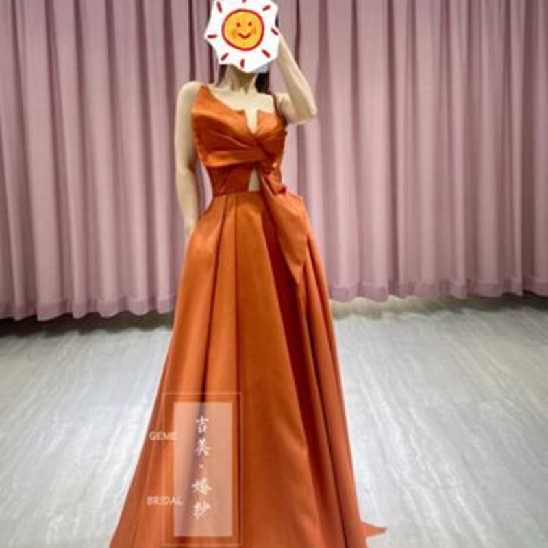 憧れのドレス オレンジ 床付くキャミソール 二次会 シアーな美しさ  