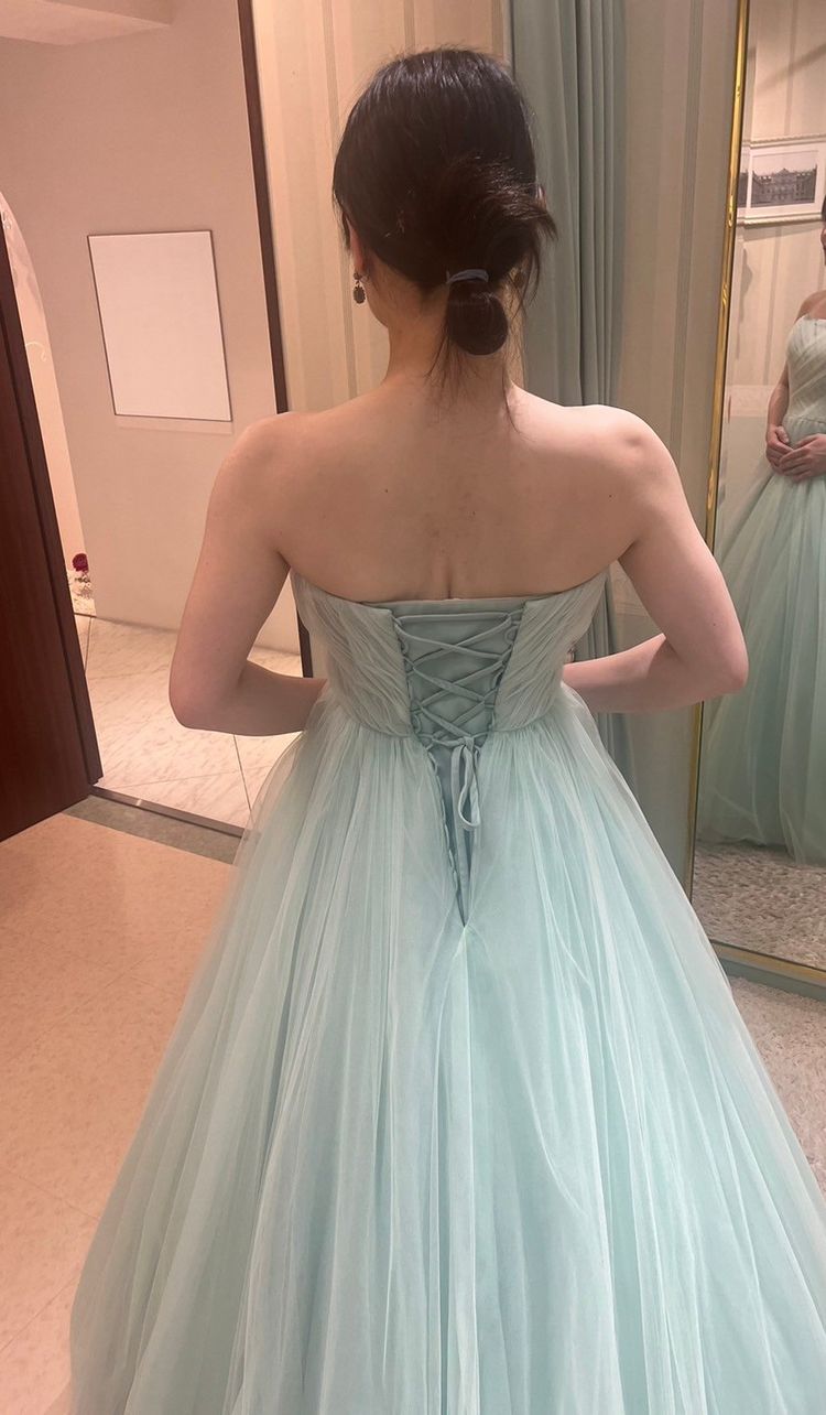 カラードレス グリーン ベアトップ サッシュベルト 編み上げ ロング 前  