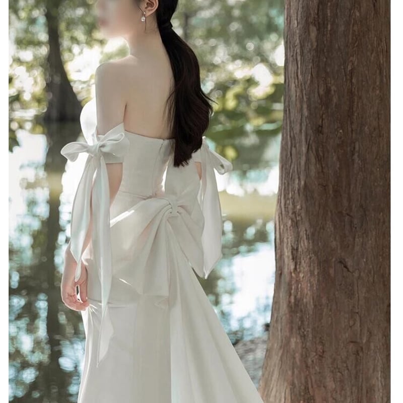 エレガント 優しい パーティードレス ベアトップ リボン マーメイド  