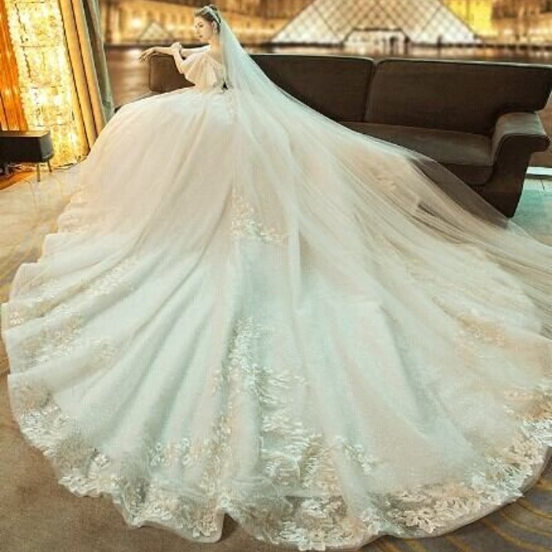 ウエディングドレス シャンパン色 ロングトレーン 繊細レース 編み上げ  