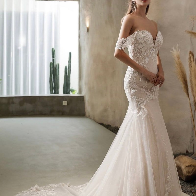 パーティードレス ベアトップ オフショルダー くるみボタン マーメイド  