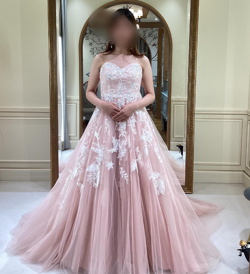 カラードレス 薄ピンク 魅惑の花レース ファスナー ベアトップ A カラードレス 薄ピンク 魅惑の花レース ファスナー ベアトップ A