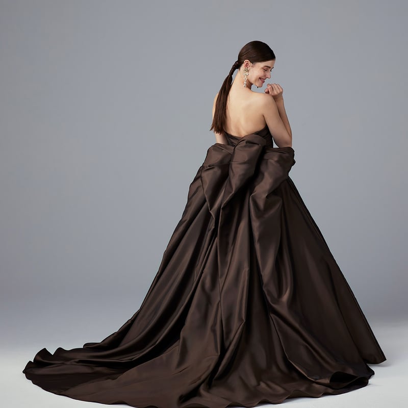 カラードレス 取り外し袖 ふっくら柔らかなバックリボン ブラウン 大人  