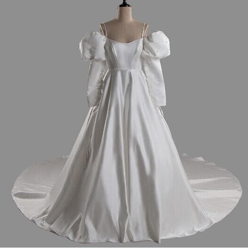 ウエディングドレス ホワイト ロングトレーン パフスリーブ ファスナー  