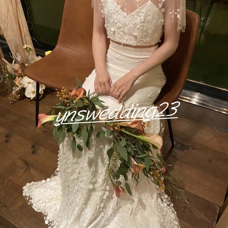 ウエディングドレス 二次会ドレス 3D立体レース刺繍 トップス+スカート  