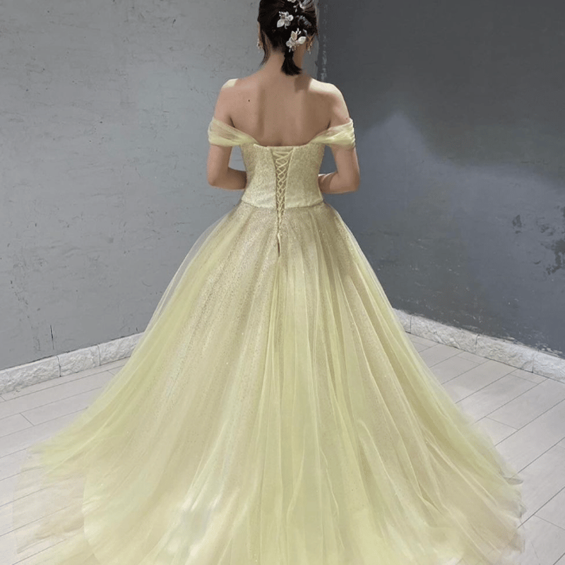 カラードレス オフショルダー パステルイエロー キラキラグリッター  