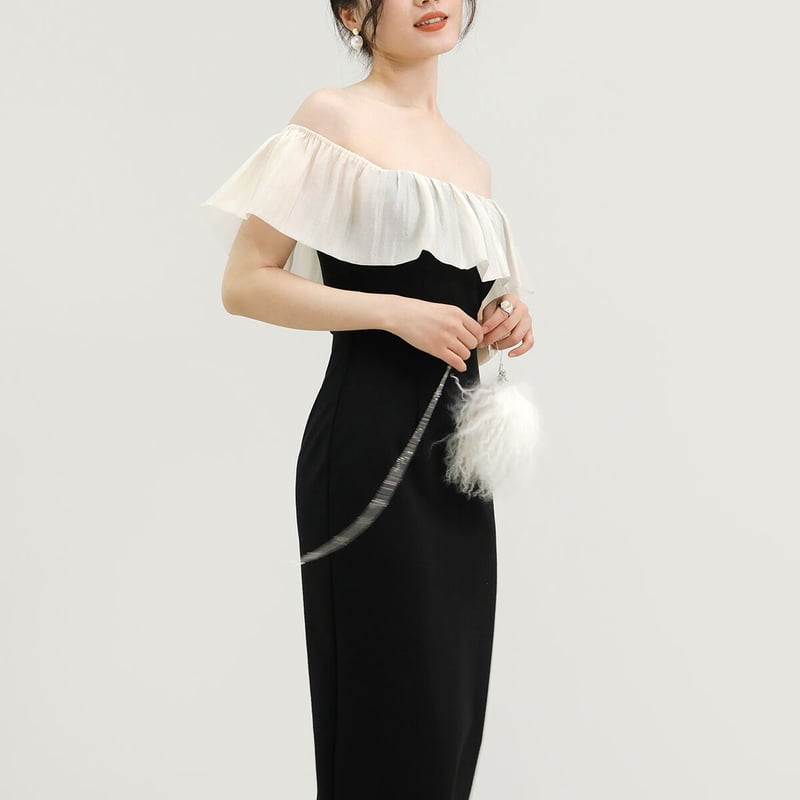 パーティードレス 黒 オフショルダー スリット マーメイドライン  