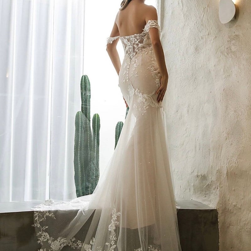 パーティードレス ベアトップ オフショルダー くるみボタン マーメイド  