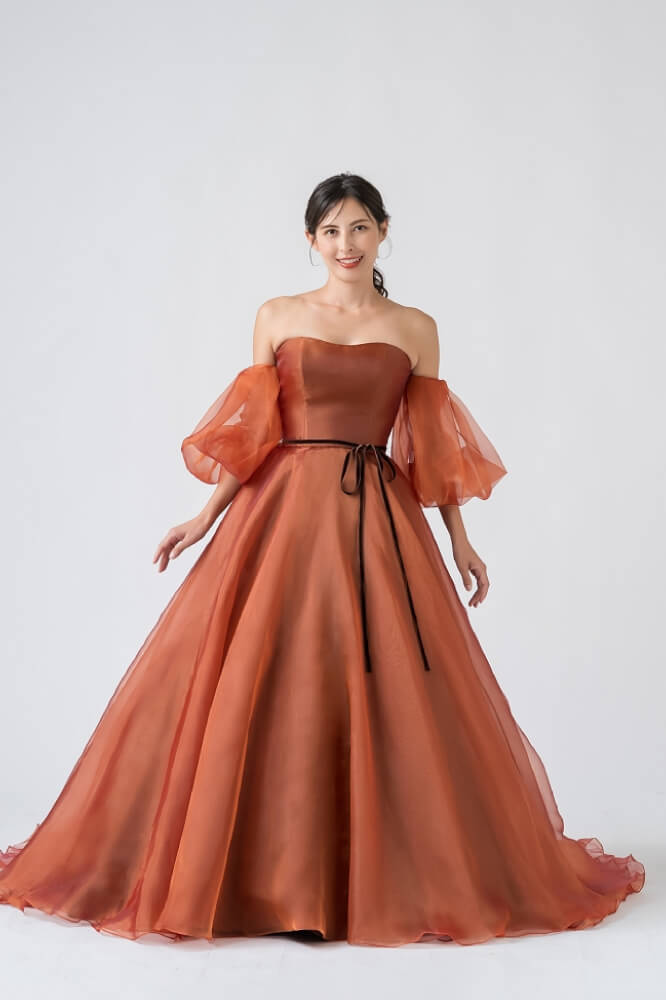 カラードレス パフスリーブ テラコッタ色 編み上げ サッシュベルト  