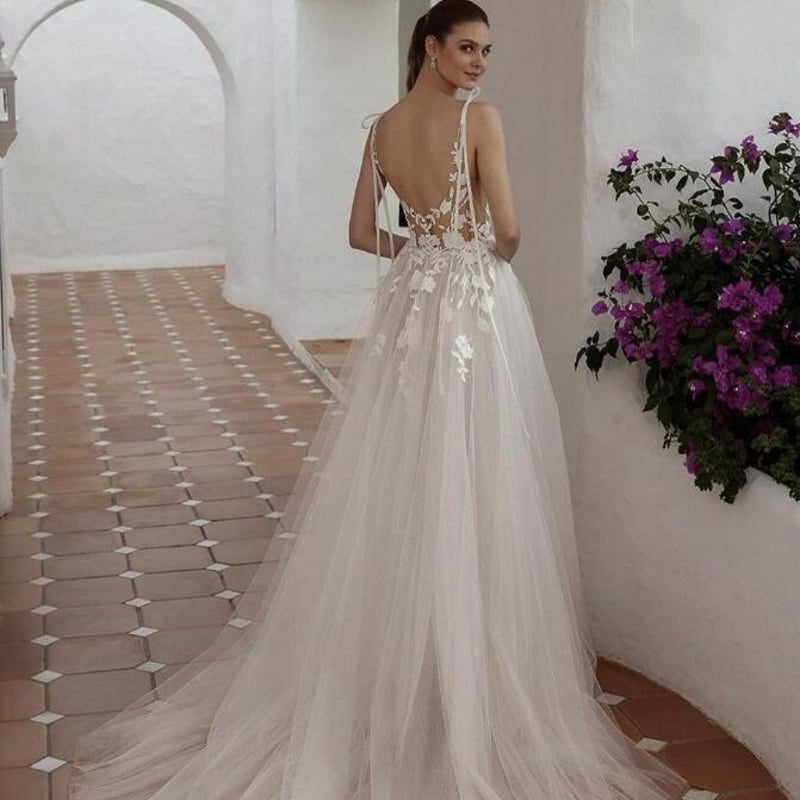 ウエディングドレス キャミソール 美しい花レース バックレス セクシー  