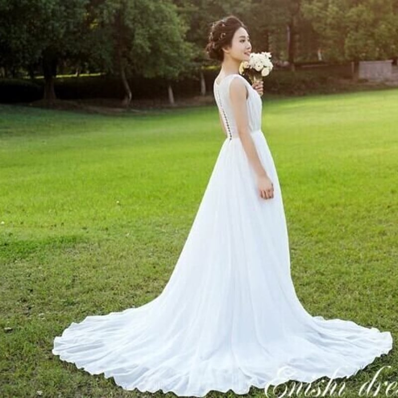 ウェディングドレス 前撮り ラウンドネック 花柄レースアル かわいい  