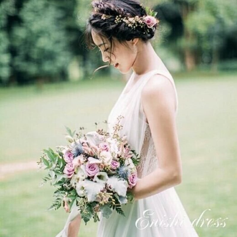 ウェディングドレス 前撮り ラウンドネック 花柄レースアル かわいい  