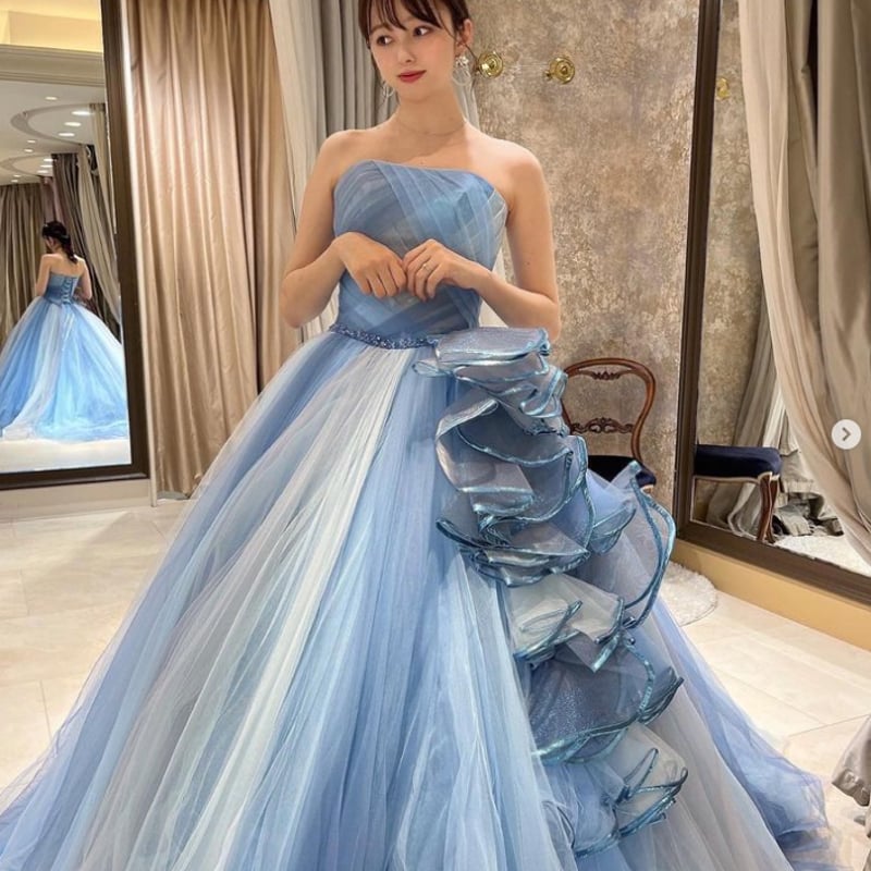 前撮り 断ち切り ドレス ベアトップ キラキラチュール 青/ブルー 結婚  