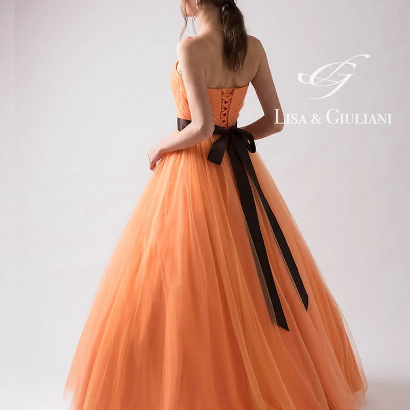 可愛い プリンセスライン オレンジ カラードレス 編み上げ 結婚式 ベア  