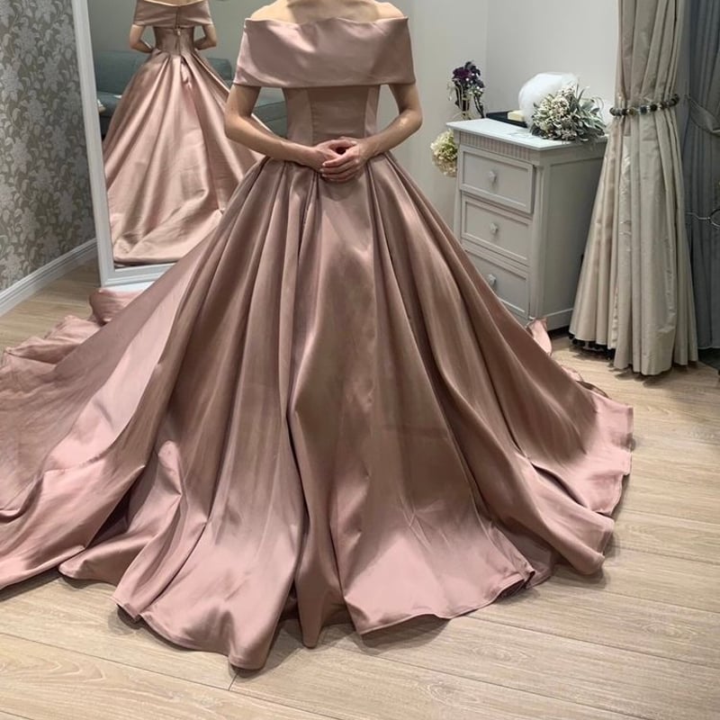 カラードレス 光沢サテン オフショルダー ピンク プリンセス カラードレス 光沢サテン オフショルダー ピンク プリンセス