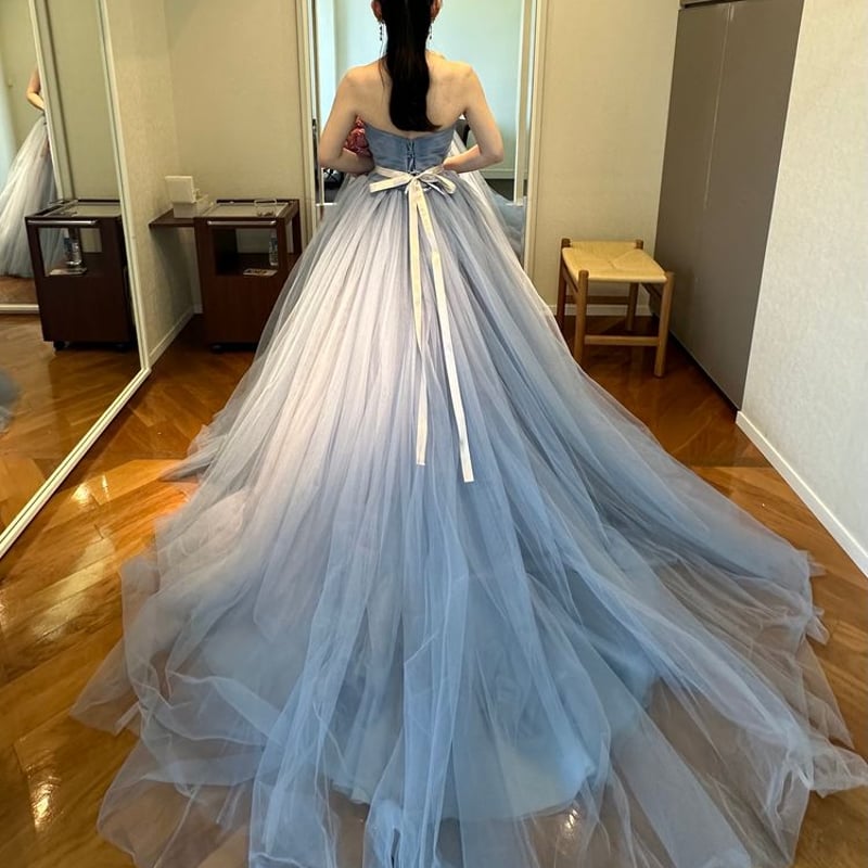 カラードレス ブルーグレー サッシュベルト ベアトップ チュール  