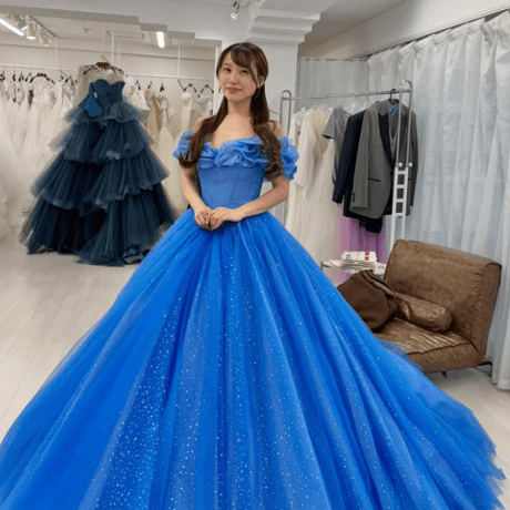 エレガント 爽やかで優しいブルー カラードレス ベアトップ 繊細レース  