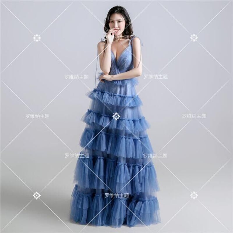 カラードレス 青/ブルー ソフトチュール 背中見せ 深Vネック  