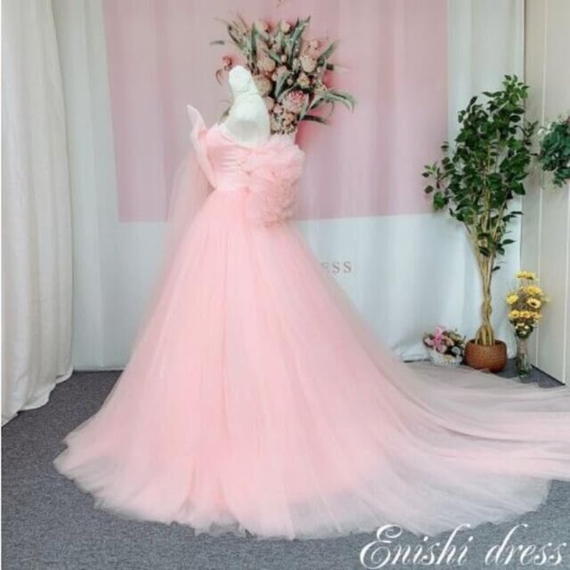 高品質！ カラードレス ピンク ソフトチュール ベアトップ 結婚式発表  