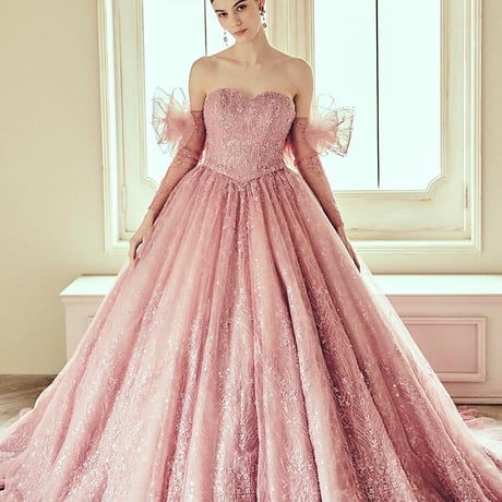 カラードレス 薄ピンク オフショルダー サッシュベルト フレアスカート  