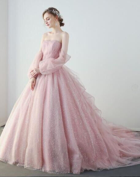 キラキラチュール カラードレス 薄ピンク 前撮り 長袖 ベアトップ スリット 編み上げ 可愛い プリンセスライン 花嫁
