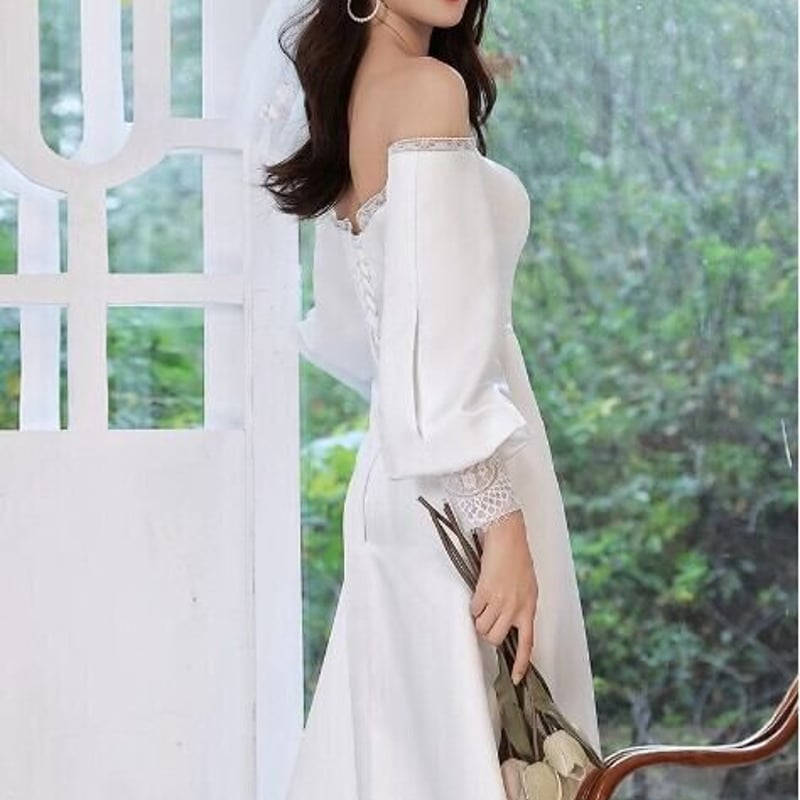 パーティードレス ホワイト オフショルダー Aライン エレガント 細見え  