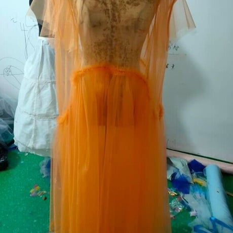 妊婦ドレス マタニティ　写真撮影 オレンジ シースルー ワンピース ソフトチュール