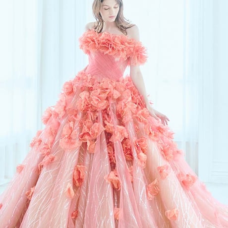 カラードレス 薄ピンク オフショルダー サッシュベルト フレアスカート  