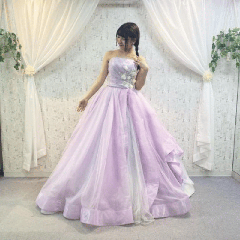 カラードレス 藤紫 レース リボン ベアトップ 編み上げ トレーン 花嫁  