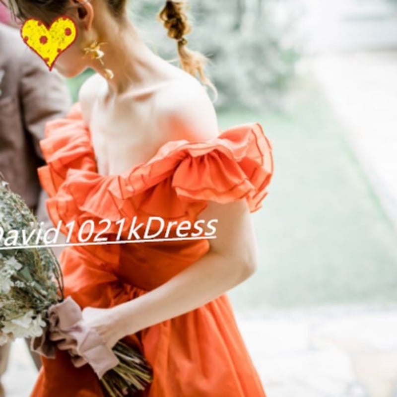 カラードレス オレンジ 結婚式ドレス オフショルダー 2次会 人気 カラードレス オレンジ 結婚式ドレス オフショルダー 2次会 人気