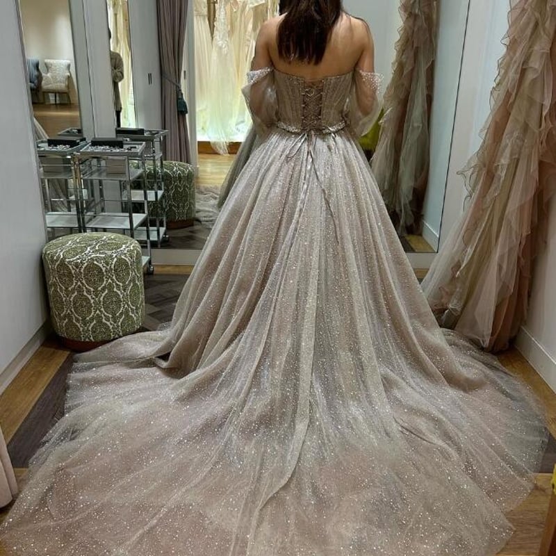 カラードレス カーキ色 取り外し袖 キラキラグリッターチュール  