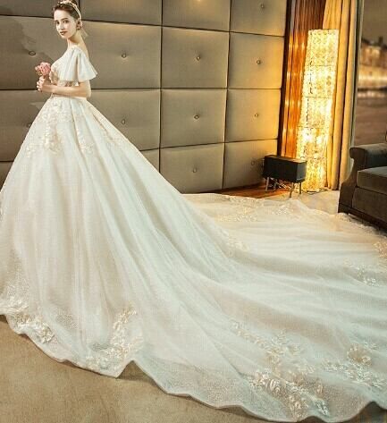 ウエディングドレス シャンパン色 ロングトレーン 繊細レース 編み上げ  