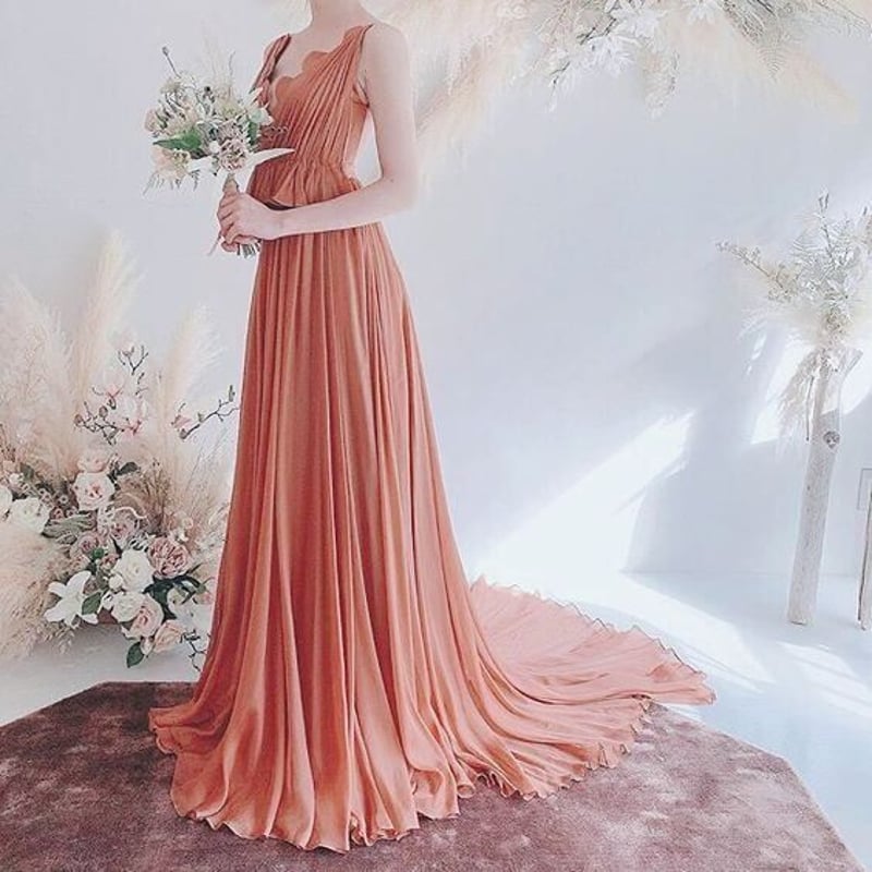 茶色テラコッタ カラードレス 発表会 挙式ドレス 前撮り用 2次会  