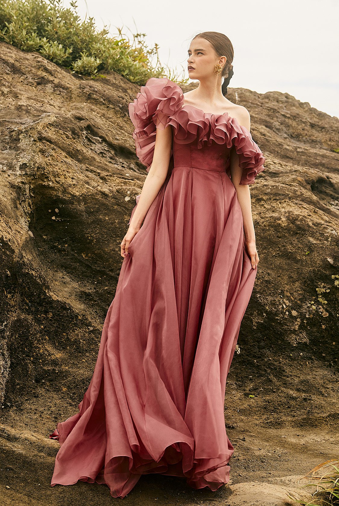 カラードレス オフショルダー オーガンジー ケープ / フリル ピンク 前  