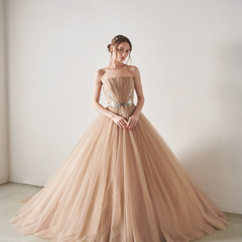 カラードレス ベアトップ カーキ色 花モチーフ チュールスカート A  