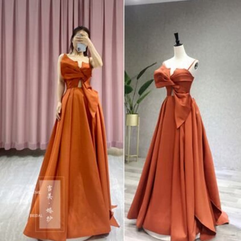 憧れのドレス オレンジ 床付くキャミソール 二次会 シアーな美しさ  