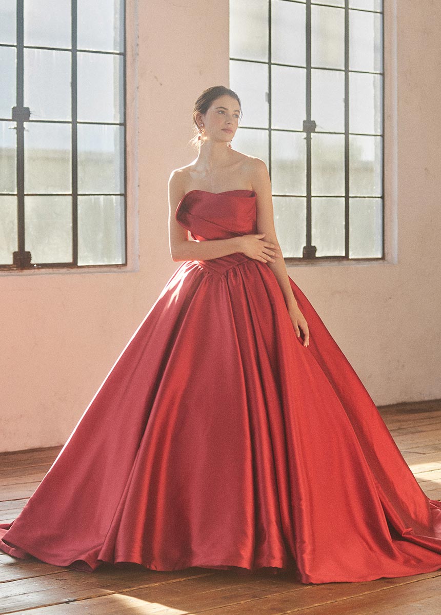 カラードレス ボルドー色 取り外し袖 フリル袖 ビスチェドレス  