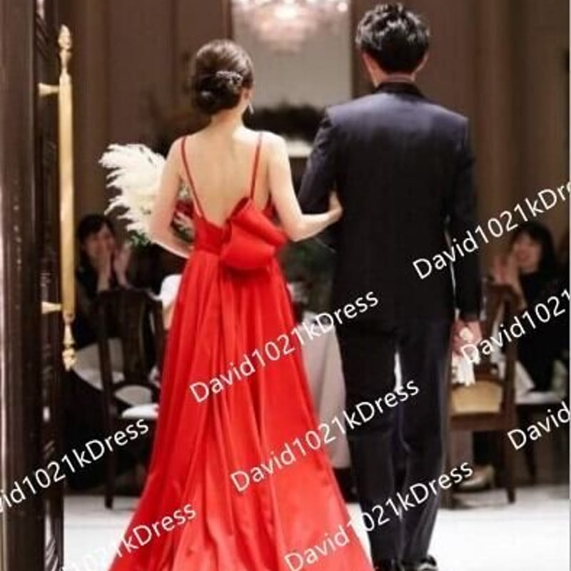 憧れのドレス 赤 背中見せ 大きなリボン 結婚式/披露宴 お呼ばれ  