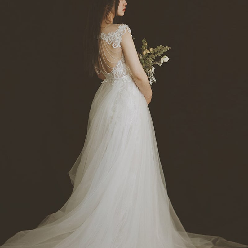 ウエディングドレス レース 背中見せ ソフトチュール エレガント  