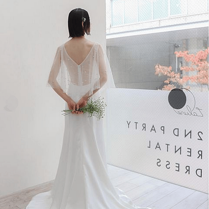 パール スレンダーライン フリル袖 エレガント Vネック 二次会 拳式  