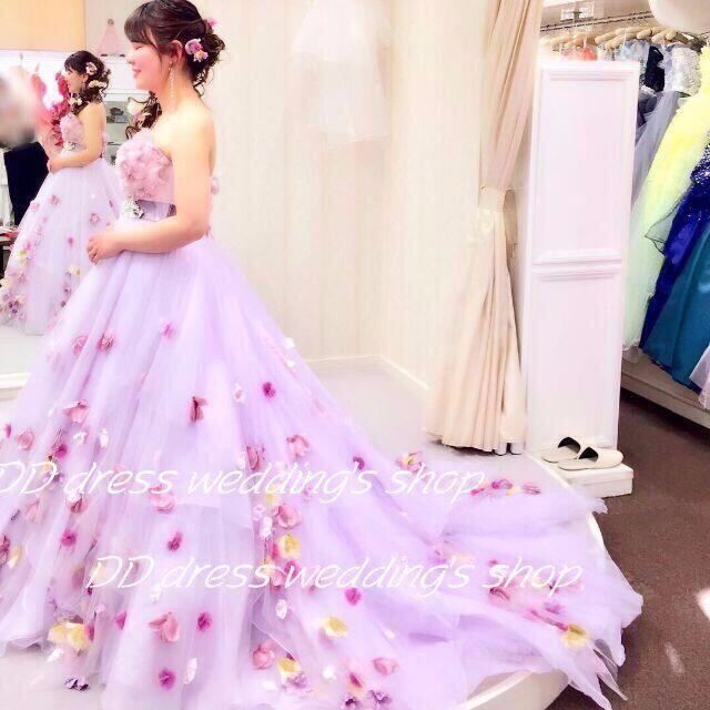 カラードレス 薄ピンク紫 ベアトップ 花モチーフ 可愛い