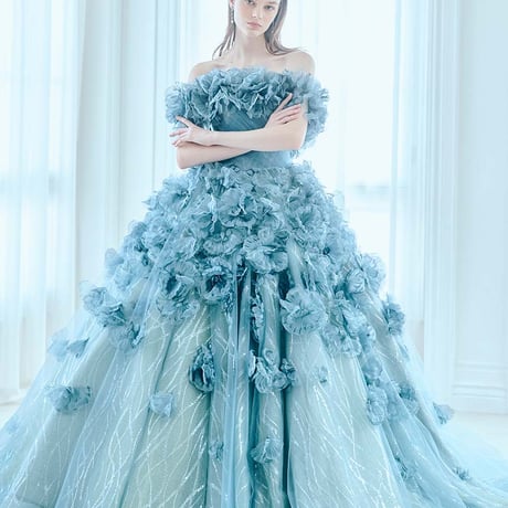 爽やかで優しいブルー スレンダーライン ビジュー サッシュベルト オフ  