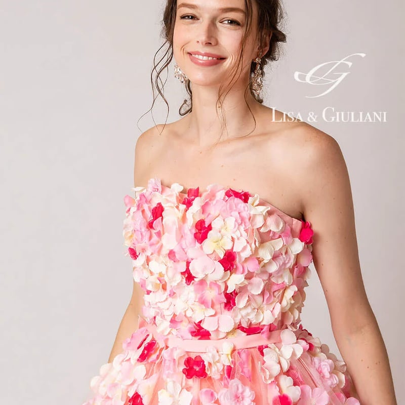 花モチーフ 可愛い プリンセスライン ベルト カラードレス ピンク  