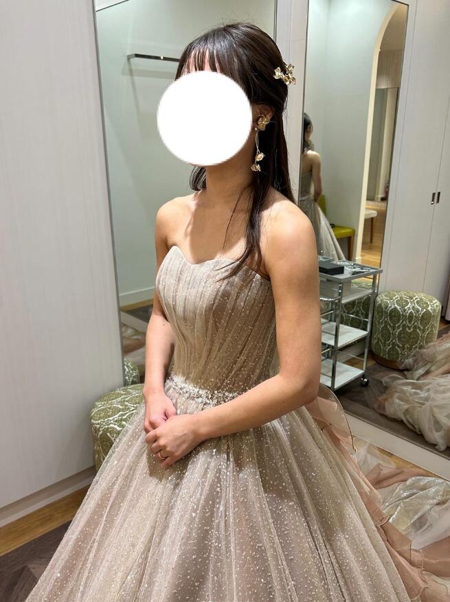 カラードレス カーキ色 取り外し袖 キラキラグリッターチュール  