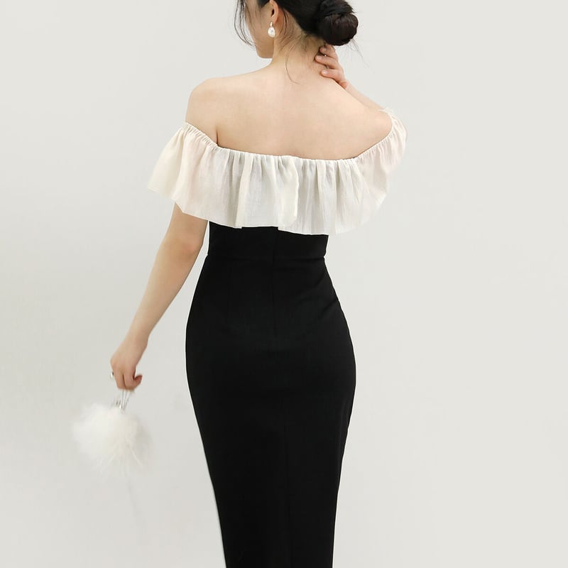 パーティードレス 黒 オフショルダー スリット マーメイドライン  